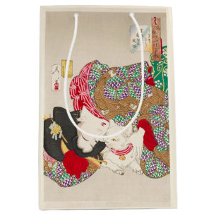 Chinoiserie Japanische Dame & Katze Kimono Kunst Mittlere Geschenktüte
