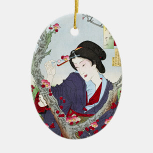 Chinoiserie Japanische Dame & rote Kirschblüte Keramik Ornament