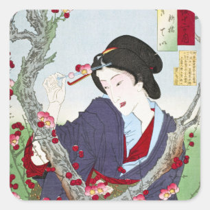 Chinoiserie Japanische Dame & Rote Kirschblüte Quadratischer Aufkleber