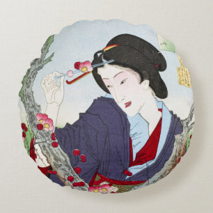 Chinoiserie Japanische Dame & Rote Kirschblüte Rundes Kissen