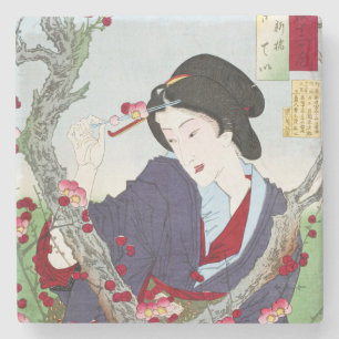 Chinoiserie Japanische Dame & rote Kirschblüte Steinuntersetzer