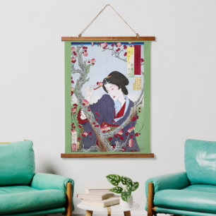 Chinoiserie Japanische Dame & Rote Kirschblüte Wandteppich Mit Holzrahmen