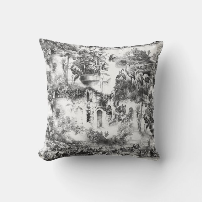 Chinoiserie-Kachel, schwarz-weiße Keramik Kissen (Vorderseite)