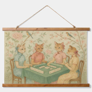 Chinoiserie-Katzen spielen Mahjong Wandteppich Mit Holzrahmen