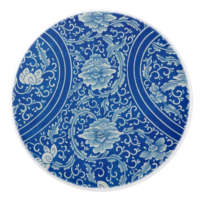 Chinoiserie Klassischer Chinesischer Blumenkobalt  Keramikknauf (Vorderseite)