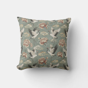Chinoiserie-Kranich- und Pfingstrosen-Blumendesign Kissen