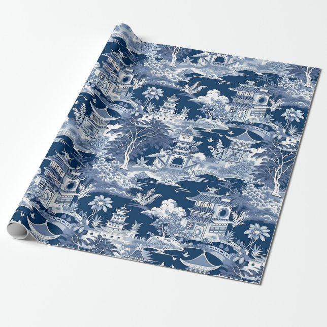 Chinoiserie Landschaftsbild Malerei Blau Weiß Geschenkpapier (Ungerollt)