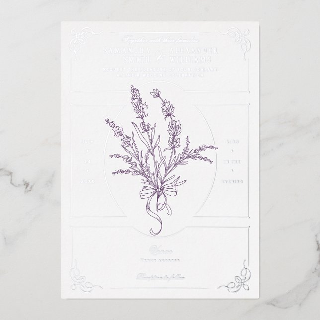 Chinoiserie Lavender Bouquet Viktorianische Hochze Folieneinladung (Vorderseite)