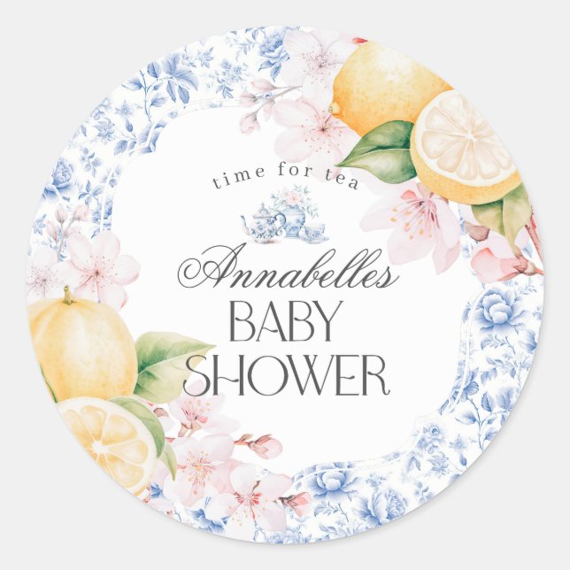 Chinoiserie Lemon Tea Baby Dusche Einladung Runder Aufkleber (Vorderseite)