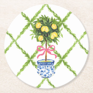 Chinoiserie Lemon Topiary Grün und Weiße Blüten Runder Pappuntersetzer