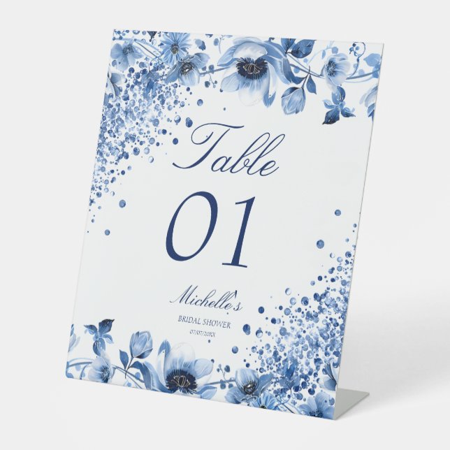 Chinoiserie Light Blue Floral Tischnummer Sockelschild (Vorderseite)