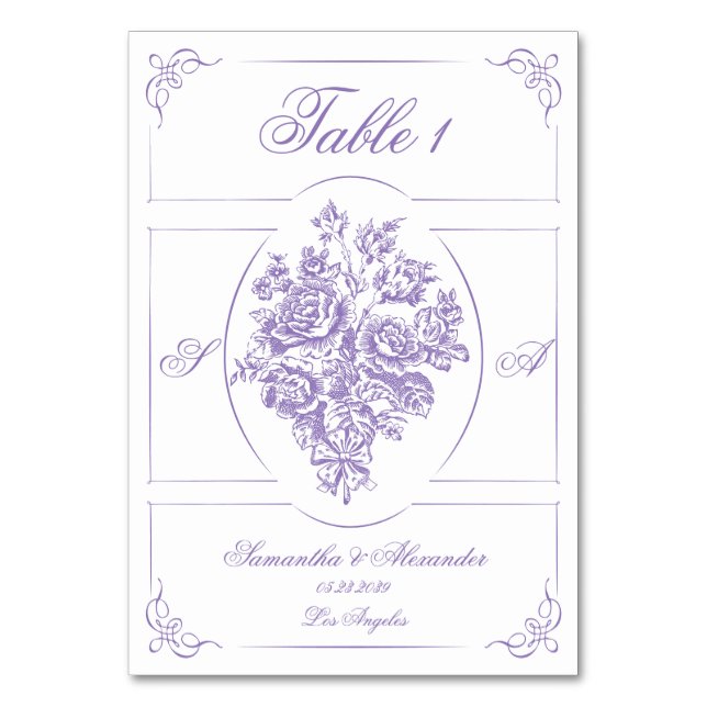 Chinoiserie Lila Rose Bouquet Viktorianische Hochz Tischnummer (Vorderseite)