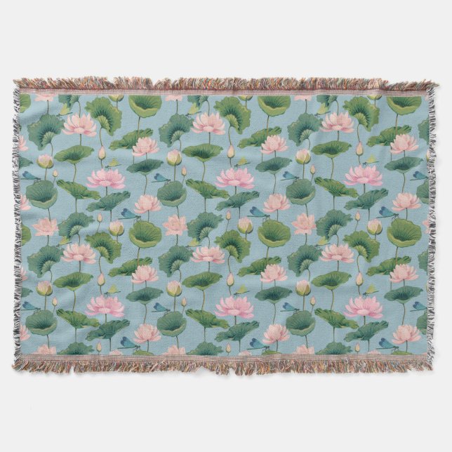 Chinoiserie Lotus Pond and Dragonfly Throw Blanket Decke (Vorderseite)