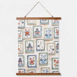 Chinoiserie Mahjong Wandteppich Mit Holzrahmen