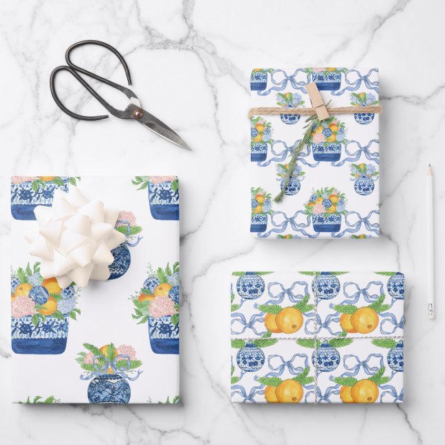 Chinoiserie Mandarins & Hydrangeas Geschenkpapier Set (Vorderseite)