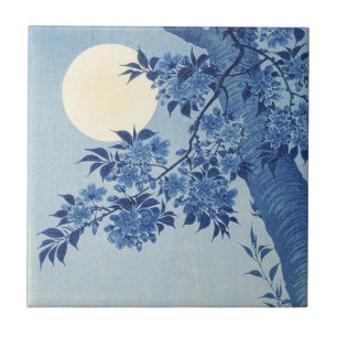 Chinoiserie Marineblaue Kirschblüte & Vollmond Fliese