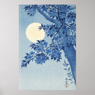 Chinoiserie Marineblaue Kirschblüte & Vollmond Poster