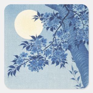 Chinoiserie Marineblaue Kirschblüte & Vollmond Quadratischer Aufkleber