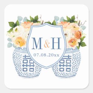 Chinoiserie Monogram Gastgeschenk Hochzeit Herbst Quadratischer Aufkleber