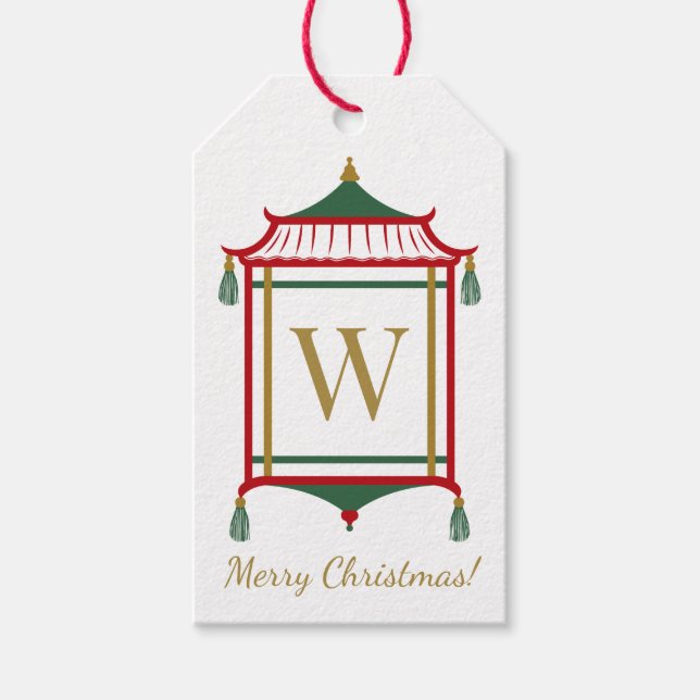 Chinoiserie Monogram Pagoda, Custom Christmas Geschenkanhänger (Vorderseite)