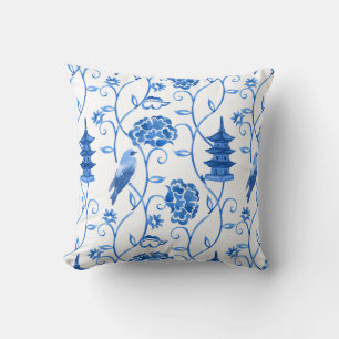 Chinoiserie-Muster Blaue Wasserfarbe Florale Pagod Kissen
