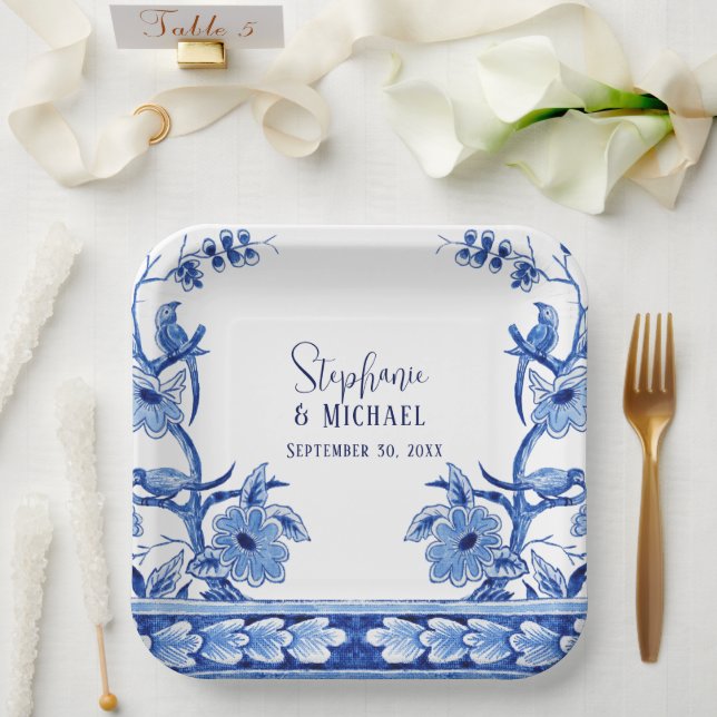 Chinoiserie Navy Blu Floral Bird Brautparty Pappteller (Hochzeit)
