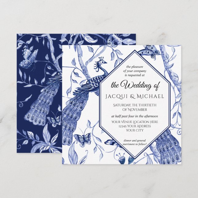 Chinoiserie Navy Blue Peacock Butterfly Hexagon Einladung (Vorne/Hinten)