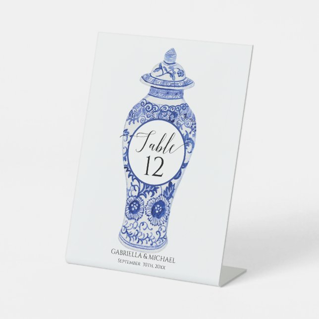 Chinoiserie Navy Blue White Ginger Jar Wedding Sockelschild (Vorderseite)