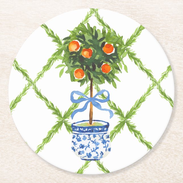 Chinoiserie Orange Citrus Topiary Runder Pappuntersetzer (Vorderseite)