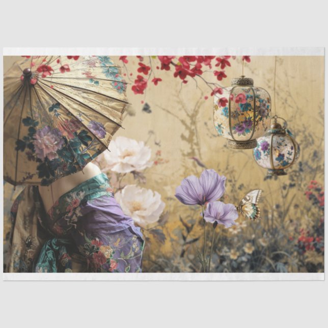 Chinoiserie Orientale Lady Portrait & Floral Seidenpapier (Vorderseite)
