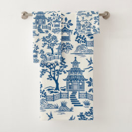 Chinoiserie Pagoda Blue auf Weiß Badhandtuch Set