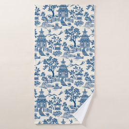 Chinoiserie Pagoda Blue auf Weiß Badhandtuch Set