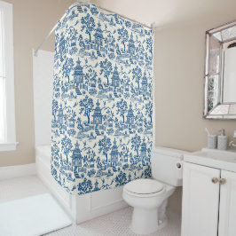 Chinoiserie Pagoda Blue auf Weiß Duschvorhang