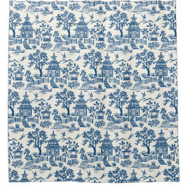 Chinoiserie Pagoda Blue auf Weiß Duschvorhang