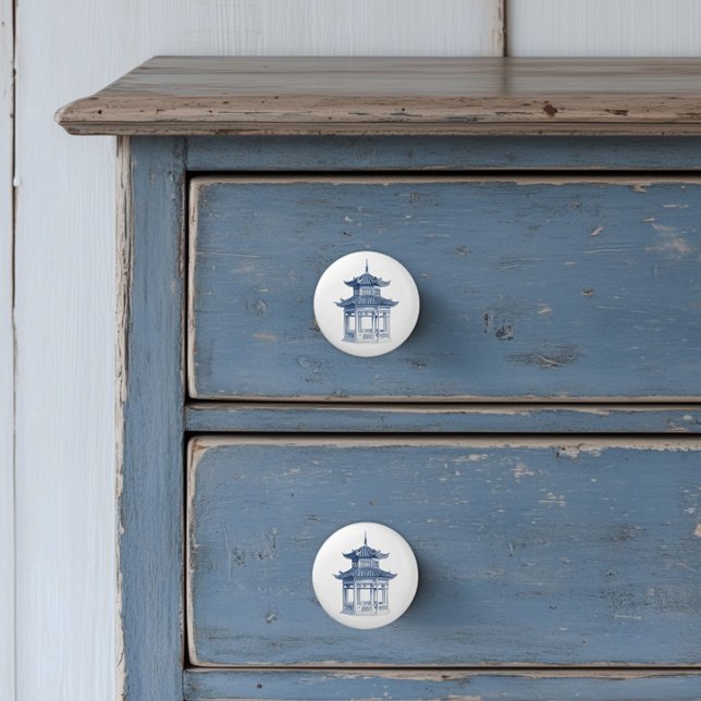 Chinoiserie Pagoda Keramikknauf (Blue Pagoda Chinoiserie ceramic furniture knobs)