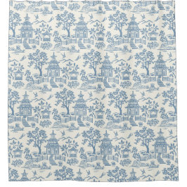 Chinoiserie Pagoda Schiefer Blau auf Weiß Duschvorhang
