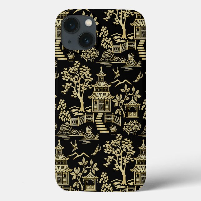 Chinoiserie Pagode coque iphone noir et or (Verso)