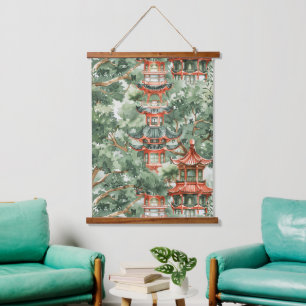 Chinoiserie-Pagode Sage Green Wald Wandteppich Mit Holzrahmen