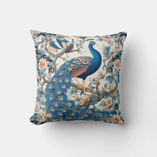 Chinoiserie Peacock Blue und White Kissen (Vorderseite)