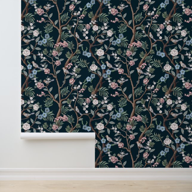 Chinoiserie Peony Blume, Bäume Vögel Dark Floral Tapete (Anwendung)