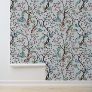 Chinoiserie Peony Blume, Bäume & Vögel Light Grau Tapete