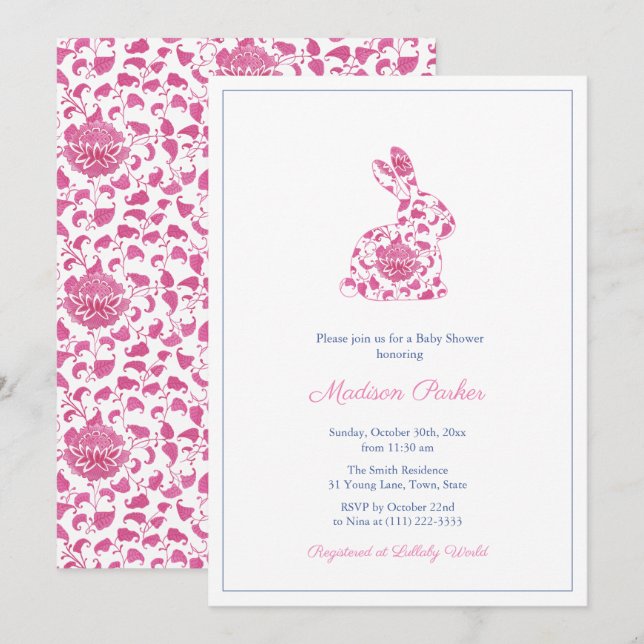Chinoiserie Pink Bunny Baby Girl Dusche Einladung (Vorne/Hinten)