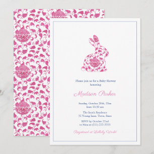 Chinoiserie Pink Bunny Baby Girl Dusche Einladung