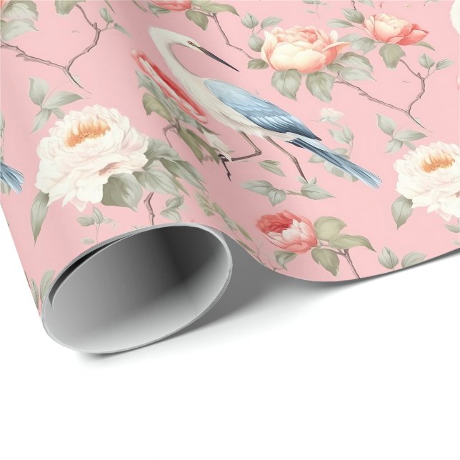 Chinoiserie Pink Floral Egret Geschenkpapier (Rolleneckpunkt)