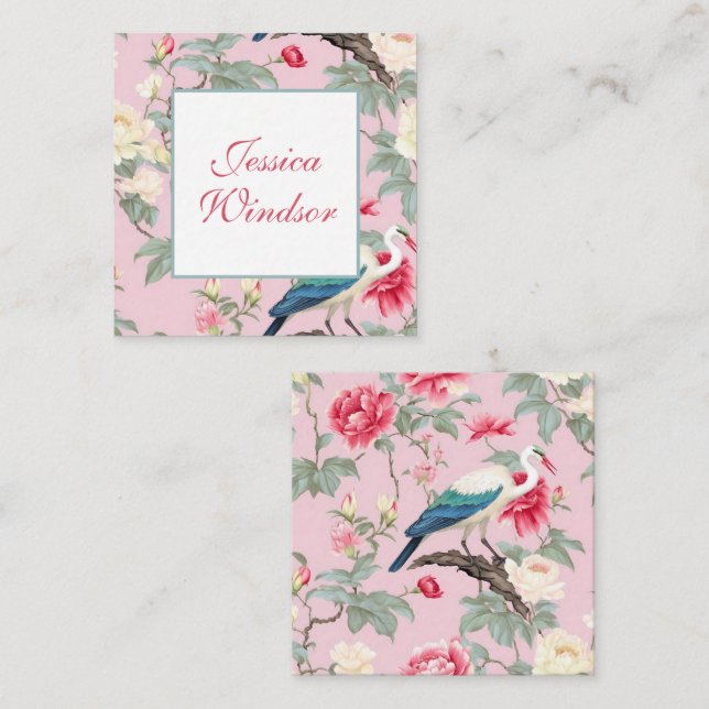 Chinoiserie Pink Floral Egret Geschenkverpackung Mitteilungskarte (Vorne/Hinten)