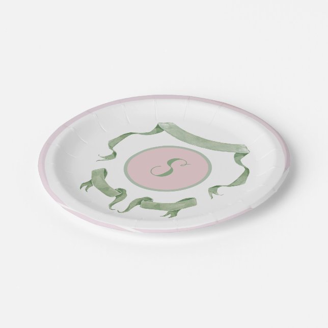 Chinoiserie Pink Ribbons Logo-Wappen Pappteller (Schrägansicht)