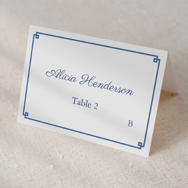 Chinoiserie Polterabend Individuelle Platzkarte Tischnummer (Dark blue and white greek key border with chinoiserie print backer individual place cards)