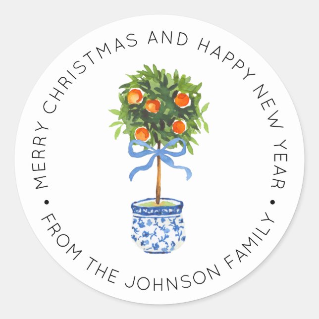 Chinoiserie Pottery Orange Topiary Tree Runder Aufkleber (Vorderseite)
