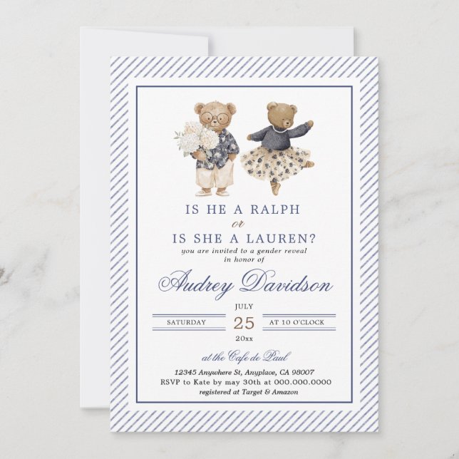Chinoiserie Preppy Ralph Polo Bear Gender Reveal  Einladung (Vorderseite)