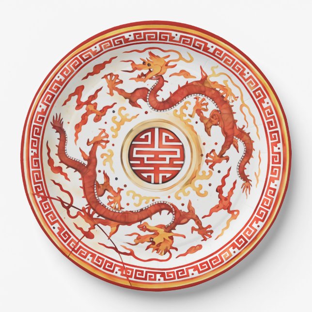 Chinoiserie Red Gold Imperial Dragon Imitats China Pappteller (Vorderseite)